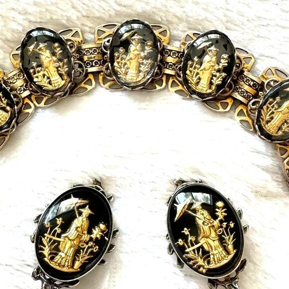 Whiting & Davis Attributed Asian Bracelet Earrings Reverse Intaglio Vintage 50s - Picture 7 of 7